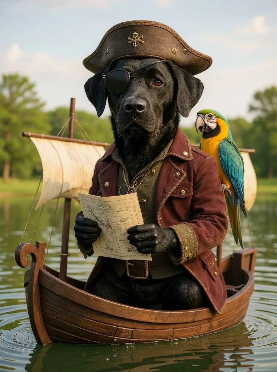 Labrador Retriever dog dressed as a pirate with eye patch on a ship deck
