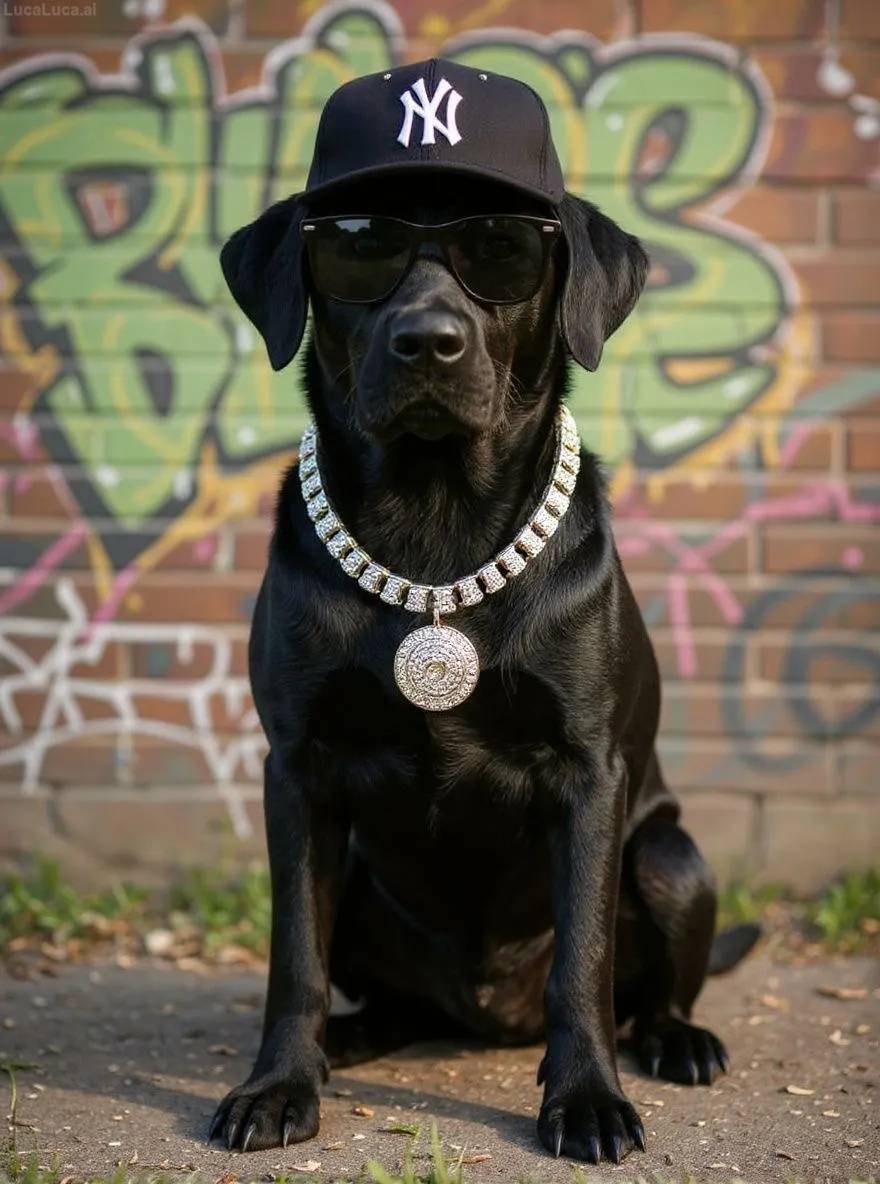 Labrador Retriever dog wearing a gold chain, sunglasses, and cap in front of a graffiti wall