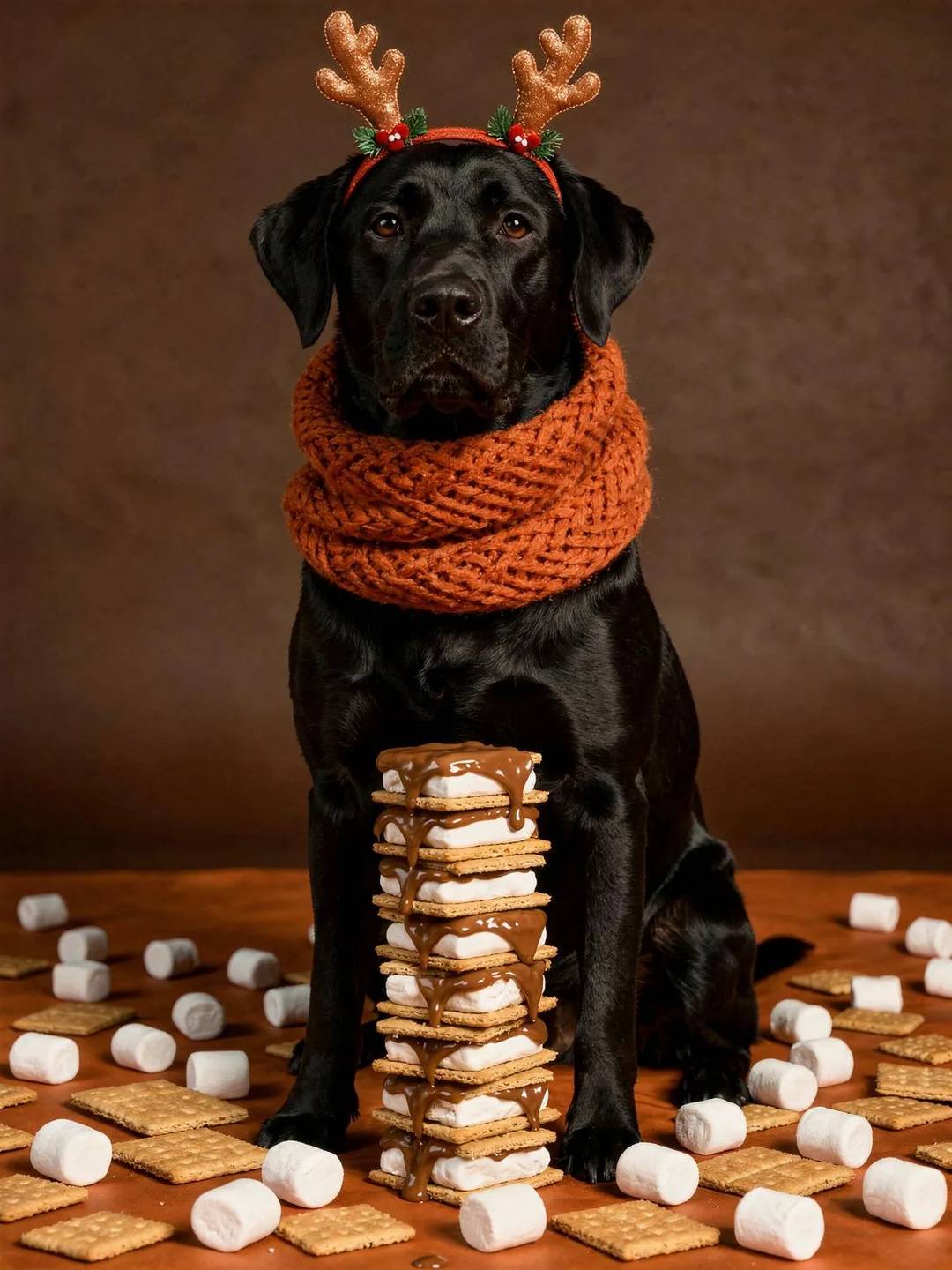 Labrador Retriever dog wearing an orange scarf and antler headband holding s'mores