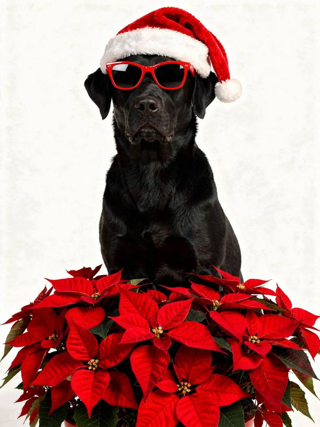 Labrador Retriever dog wearing red sunglasses and Santa hat holding red poinsettias