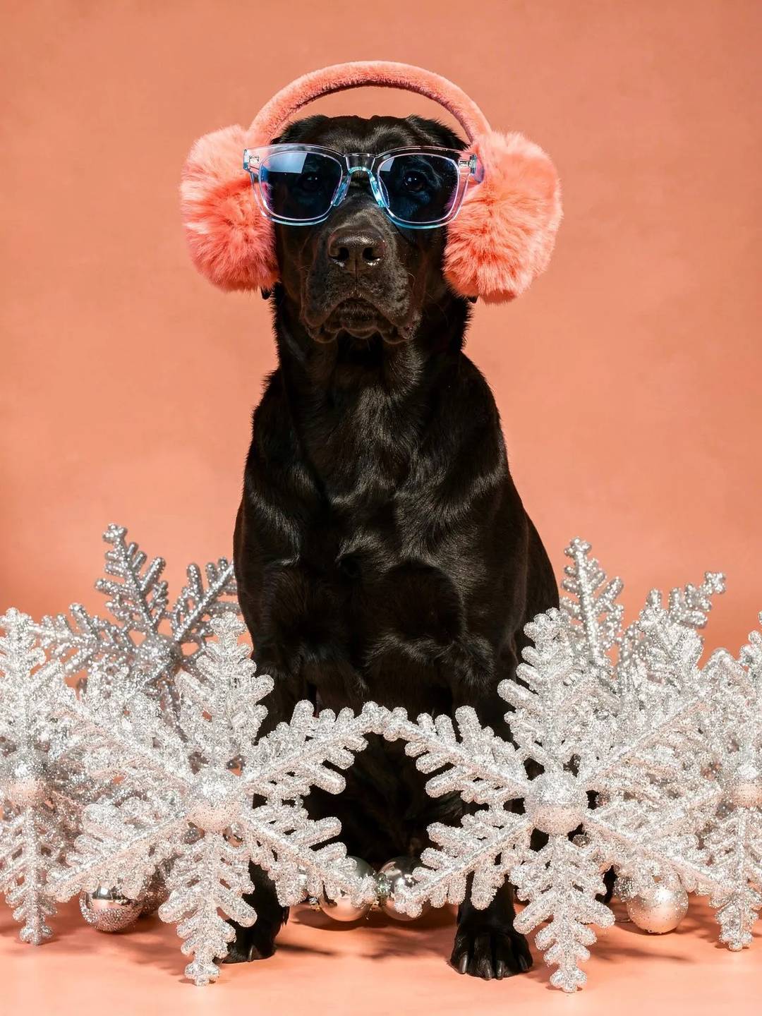 Labrador Retriever dog wearing blue sunglasses and coral earmuffs holding snowflake ornaments