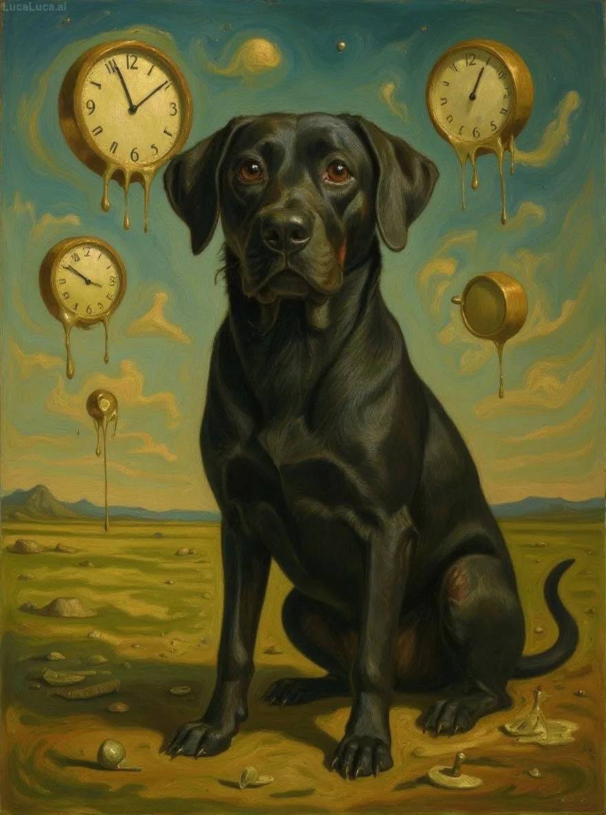 Labrador Retriever dog in surrealist style with melting clocks in a desert landscape