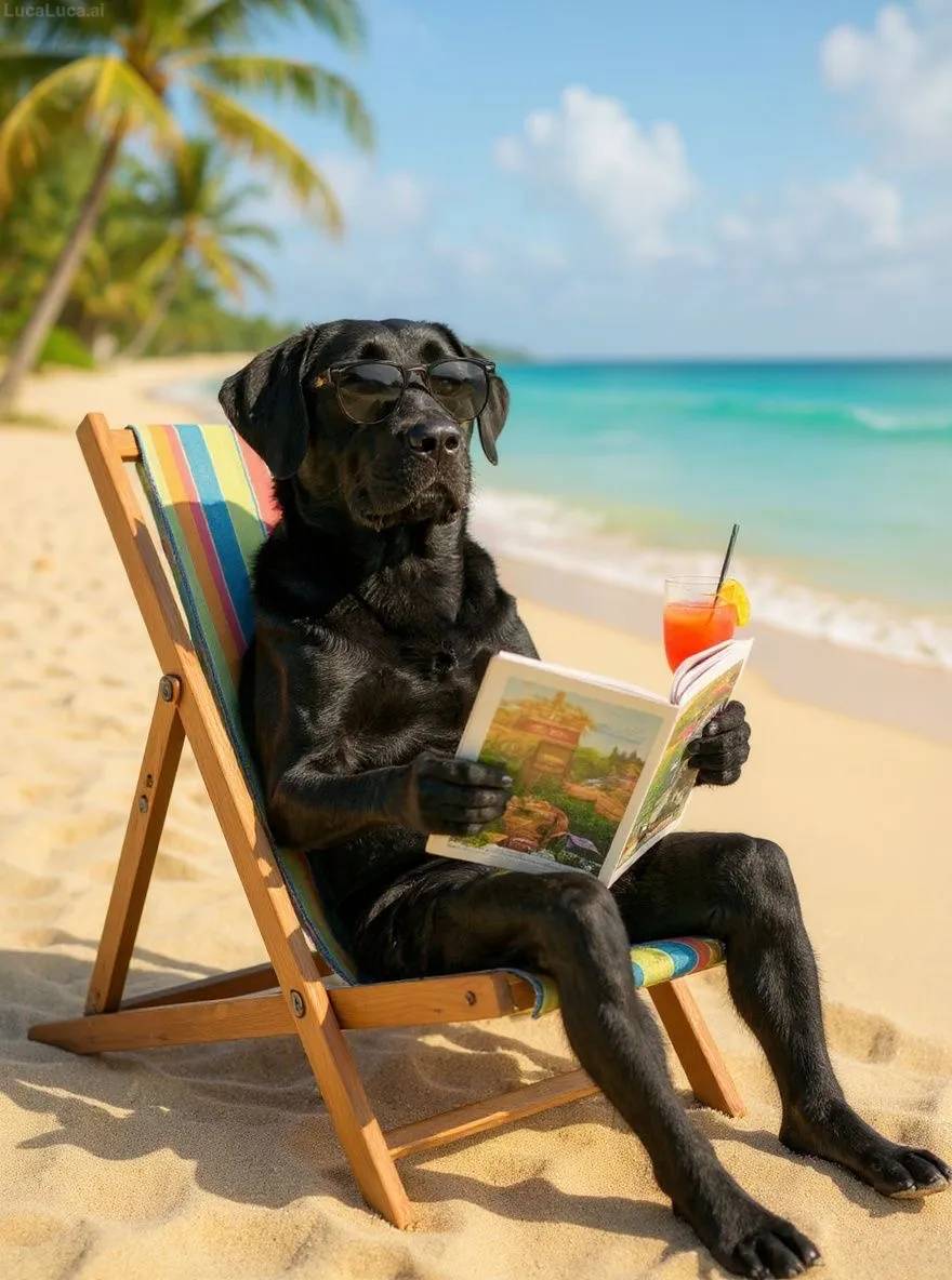 Labrador Retriever dog wearing sunglasses lounging on a beach chair with a cocktail