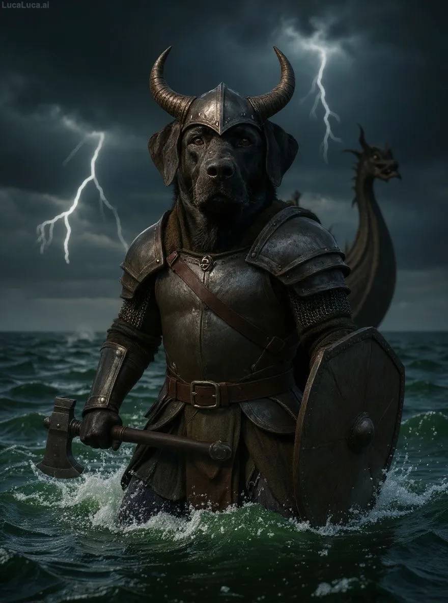 Labrador Retriever dog in Viking armor with horned helmet and axe on a stormy sea