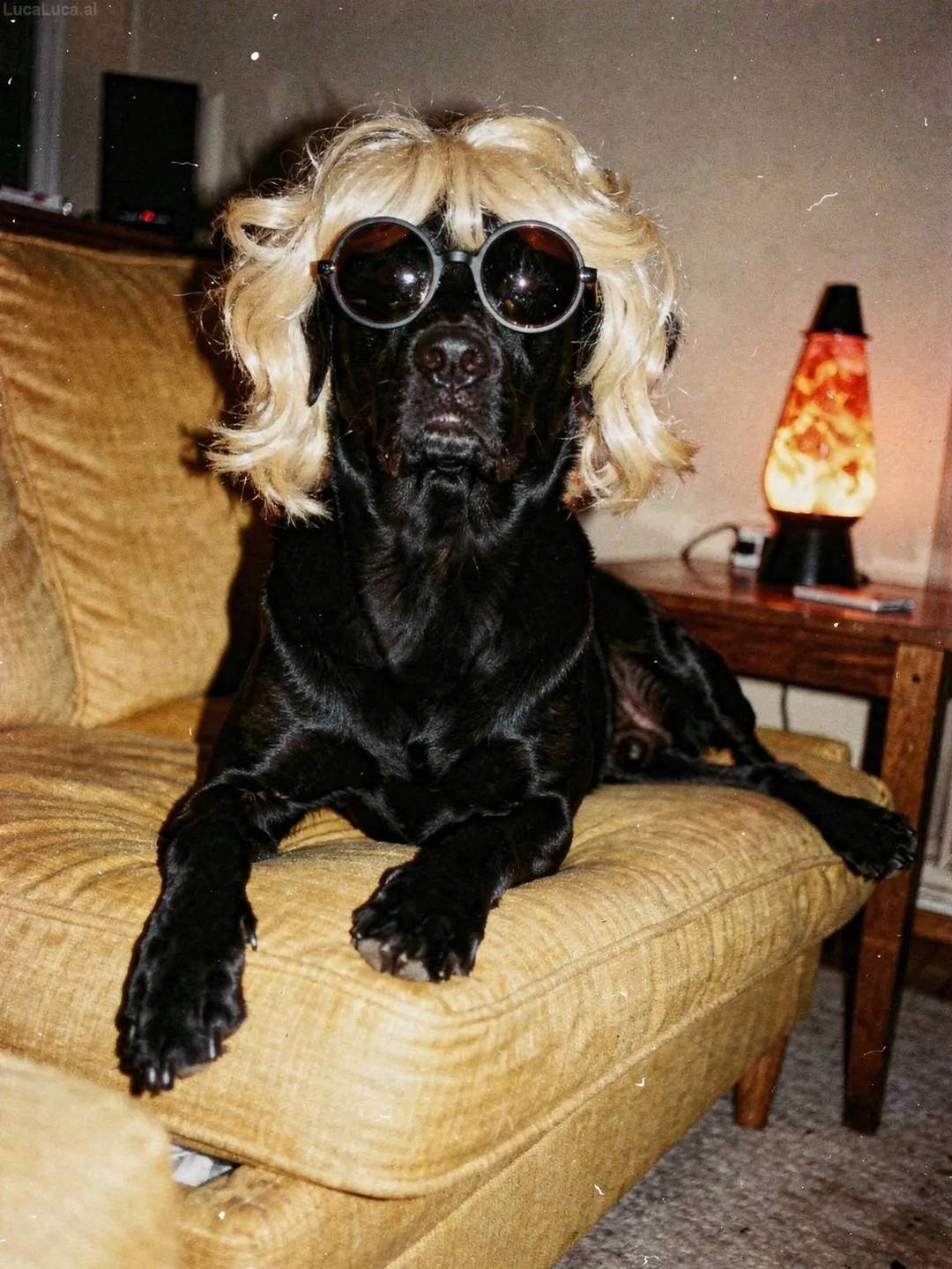 Labrador Retriever dog wearing a blonde wig and round sunglasses on a yellow sofa
