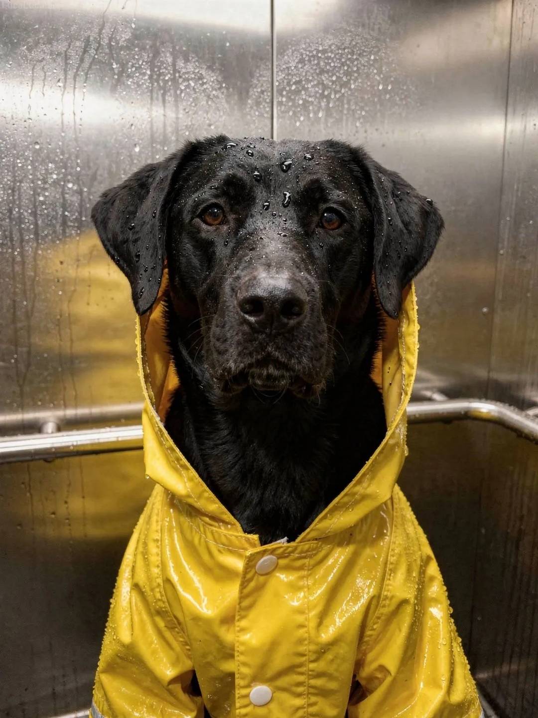 Labrador Retriever dog wearing a yellow raincoat with the hood up