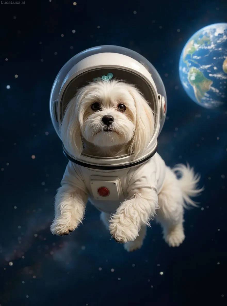 Maltese dog in a space suit floating in space with Earth in the background