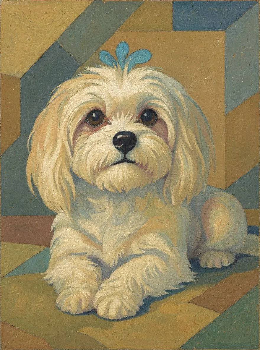 Maltese dog portrait in cubist style with geometric shapes and bold colors