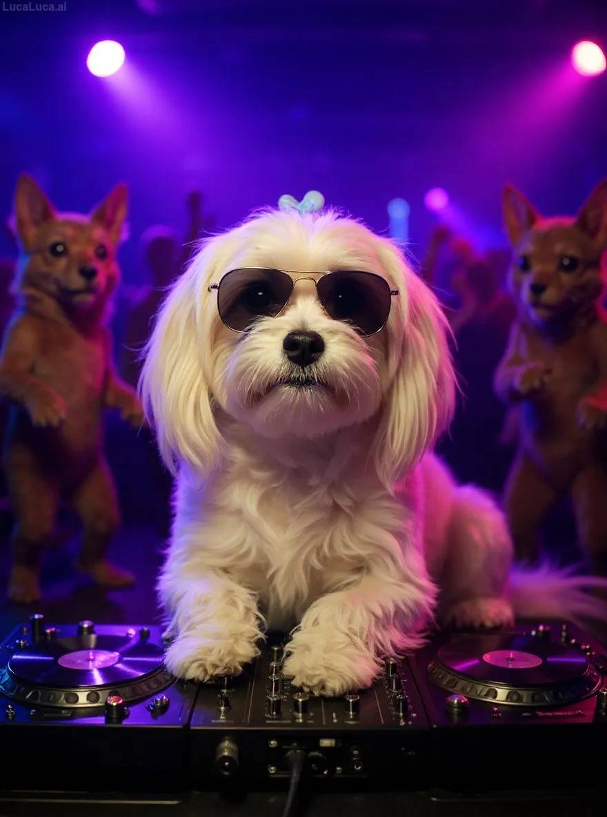 Maltese dog wearing sunglasses with paws on turntables at a nightclub