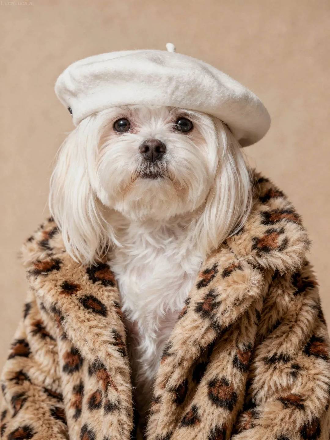Maltese dog wearing a white beret and leopard-print faux fur coat