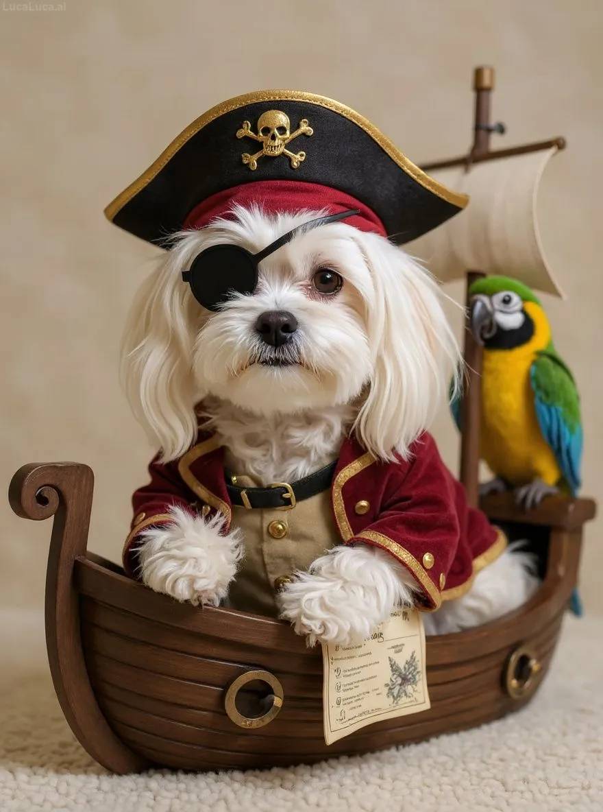Maltese dog dressed as a pirate with eye patch on a ship deck