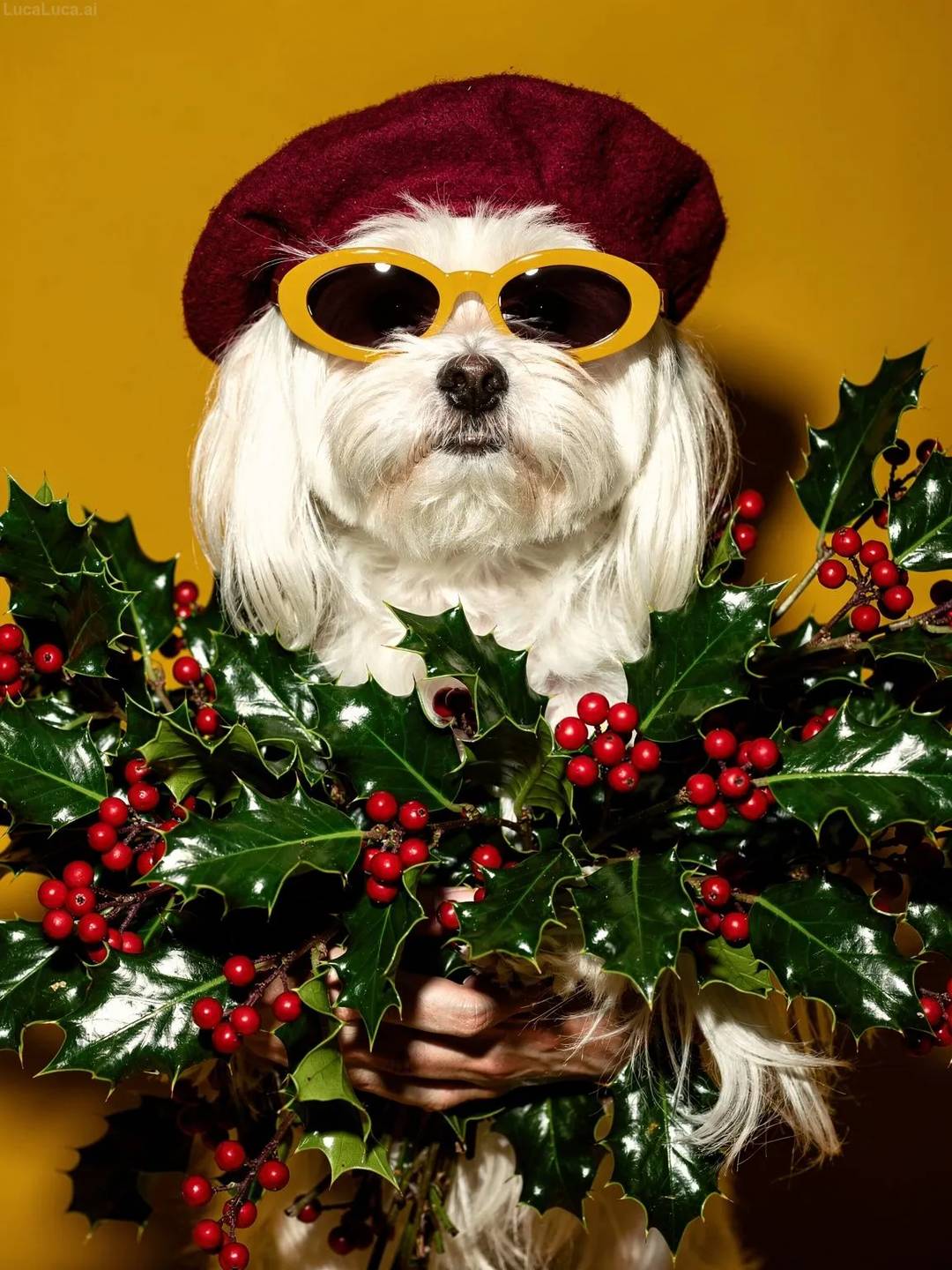 Maltese dog wearing yellow sunglasses and a cranberry beret holding holly branches