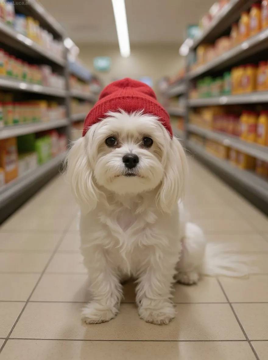 Maltese dog wearing a red beanie standing in a convenience store aisle