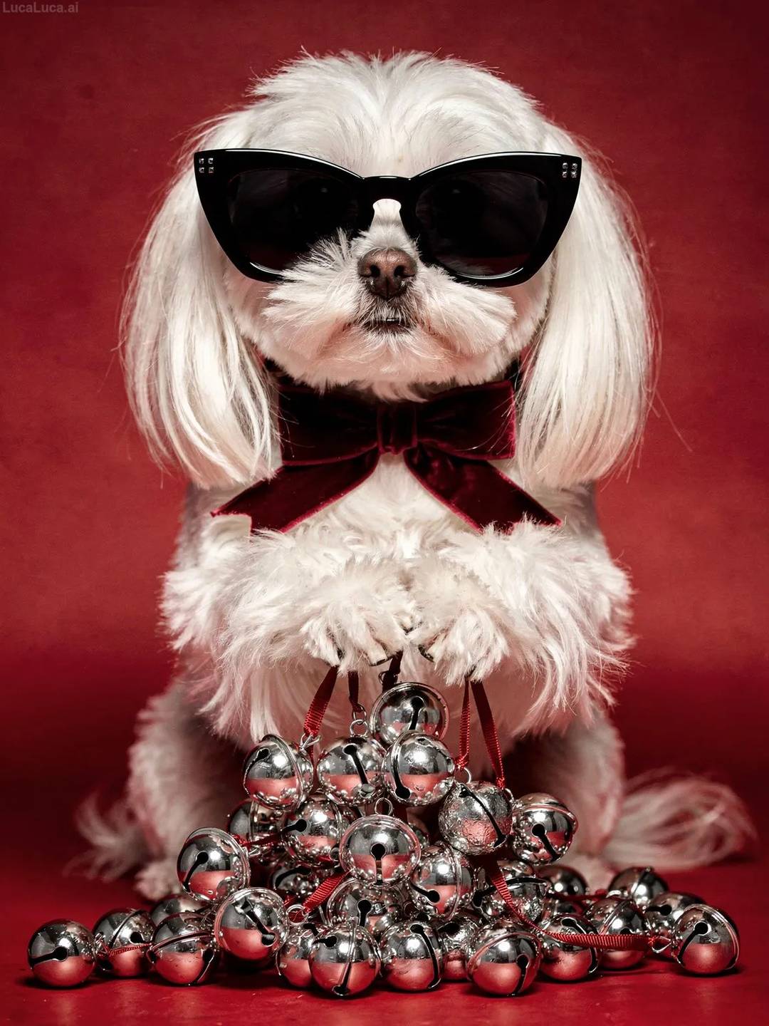Maltese dog wearing black cat-eye sunglasses holding silver jingle bells