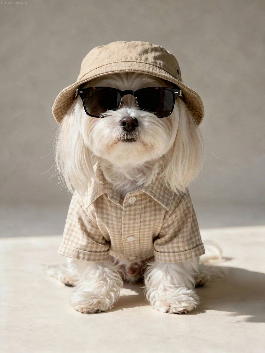 Maltese dog wearing a checkered shirt, sunglasses, and bucket hat in studio