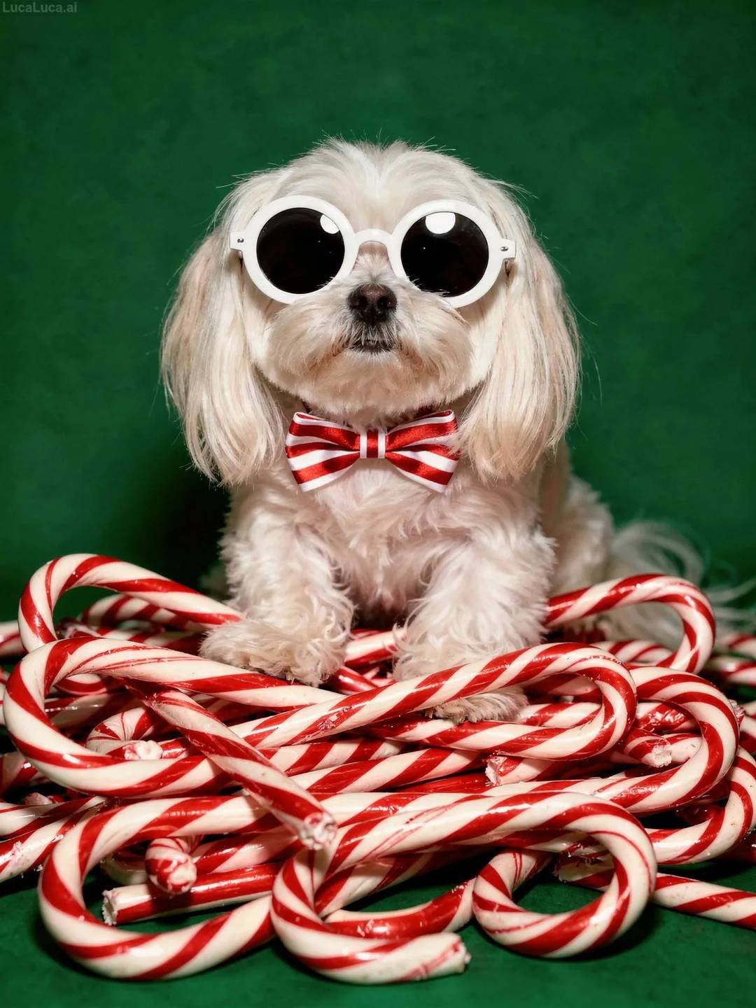 Maltese dog wearing white sunglasses and striped bow tie holding candy canes