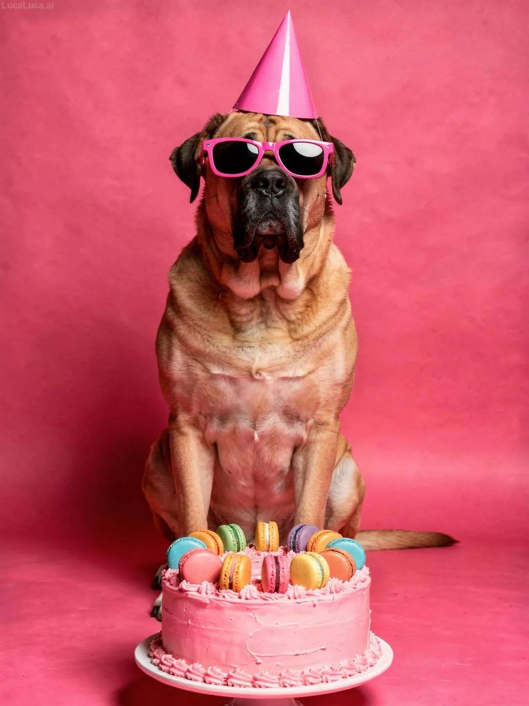 Mastiff dog wearing pink sunglasses and party hat with a strawberry cake