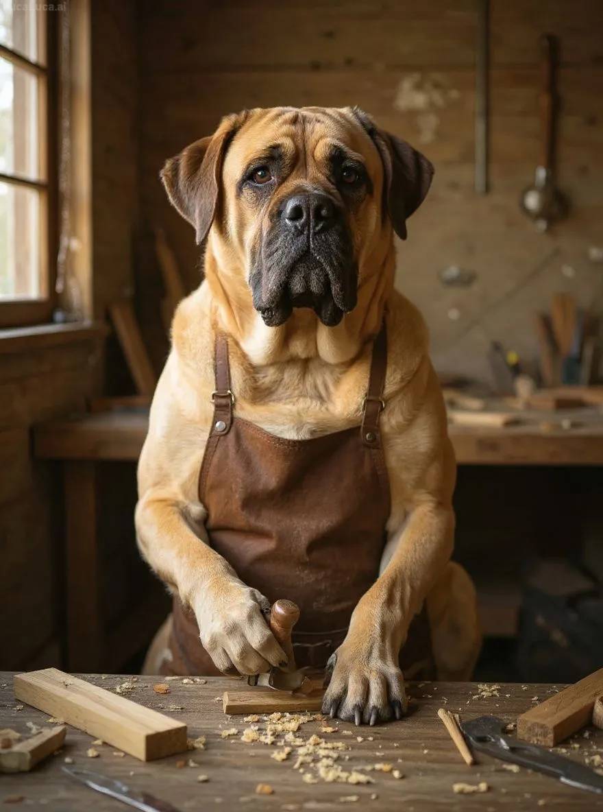 Mastiff dog wearing a leather apron holding woodworking tools in a workshop