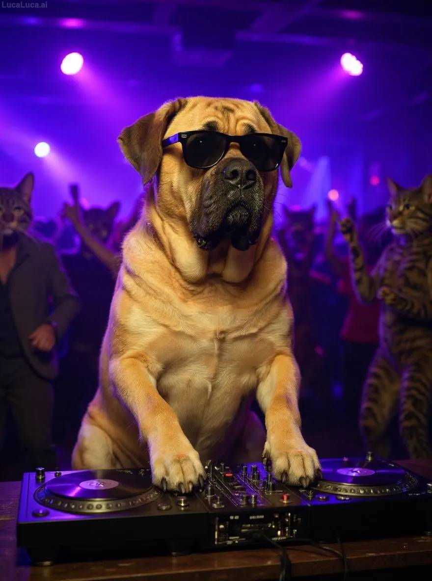 Mastiff dog wearing sunglasses with paws on turntables at a nightclub