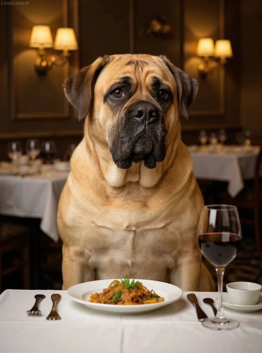Mastiff dog at a fancy restaurant table judging a gourmet dish