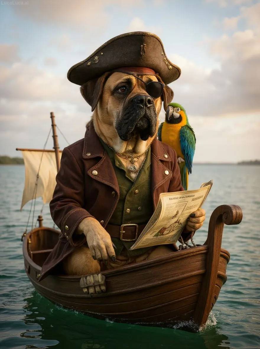 Mastiff dog dressed as a pirate with eye patch on a ship deck