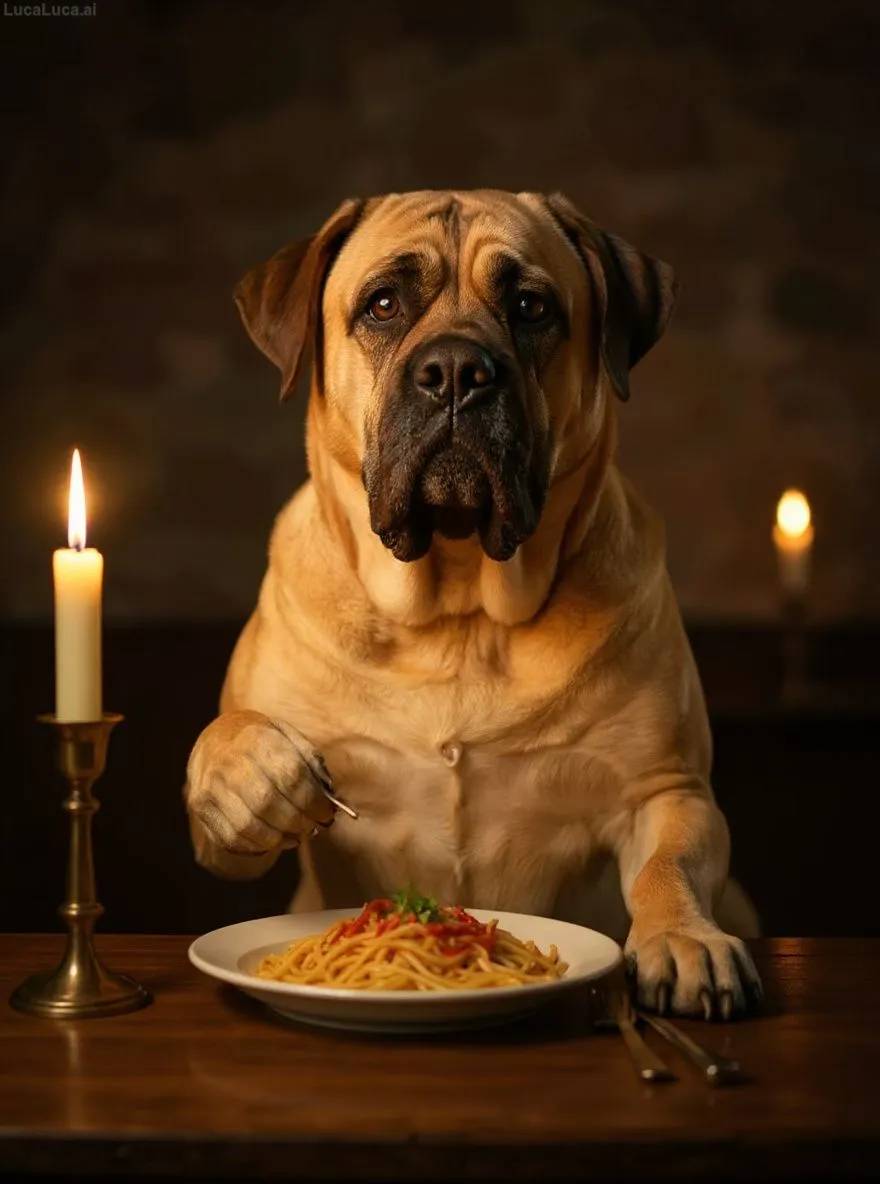 Mastiff dog eating spaghetti alone at a candlelit table