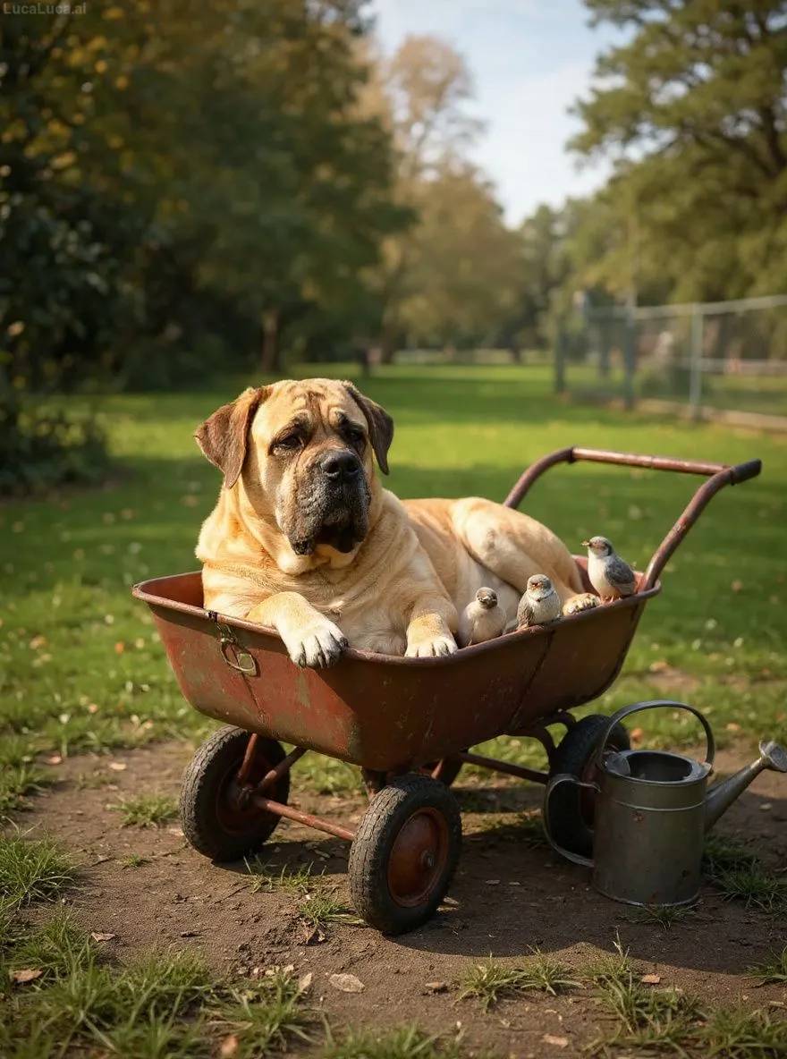 Mastiff dog dozing in a wheelbarrow with a watering can nearby