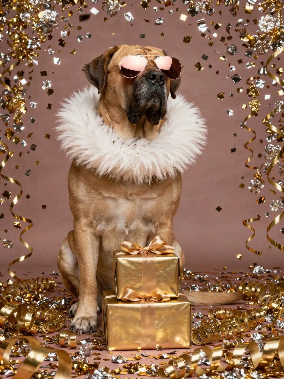 Mastiff dog wearing rose gold sunglasses with gold confetti and gift boxes