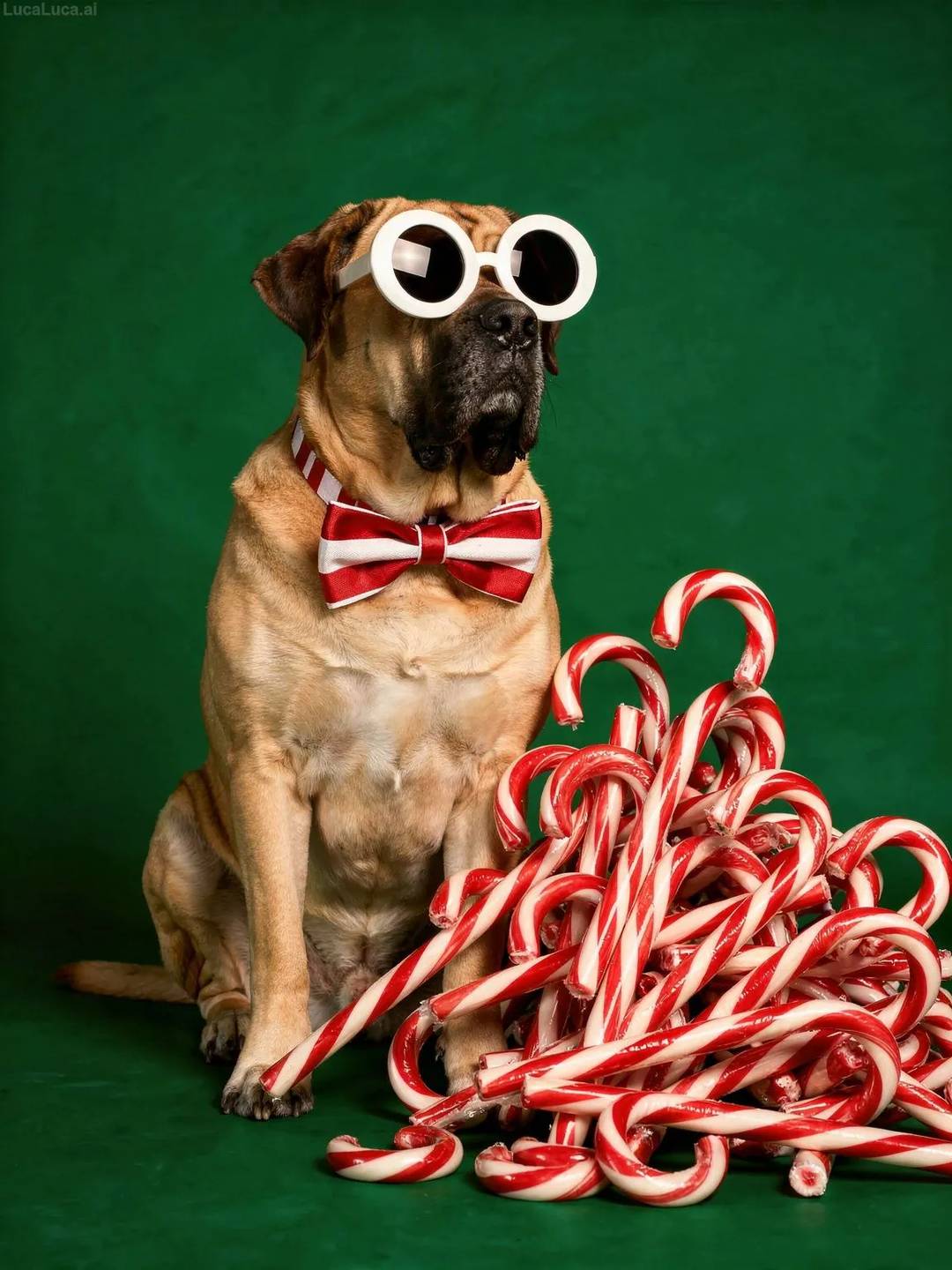 Mastiff dog wearing white sunglasses and striped bow tie holding candy canes