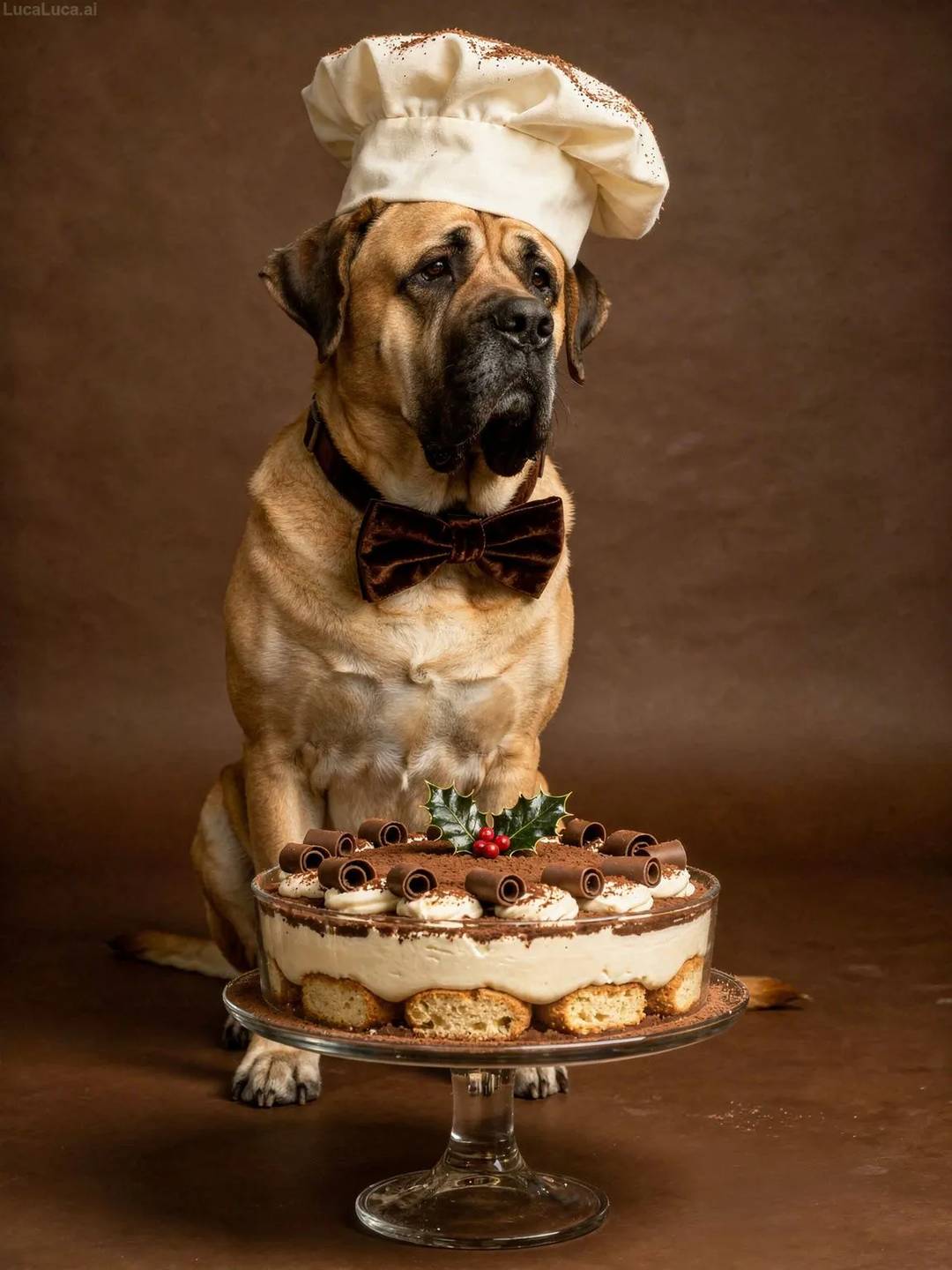 Mastiff dog wearing a chef hat dusted with cocoa holding a tiramisu