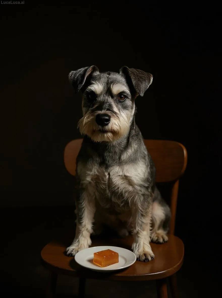 Miniature Schnauzer dog on a kitchen chair staring at a jelly cube under dramatic lighting