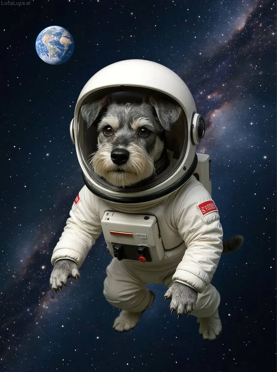 Miniature Schnauzer dog in a space suit floating in space with Earth in the background