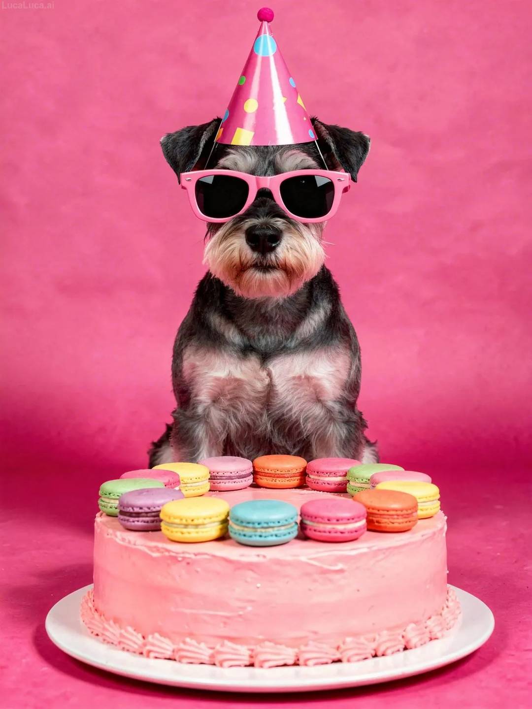 Miniature Schnauzer dog wearing pink sunglasses and party hat with a strawberry cake