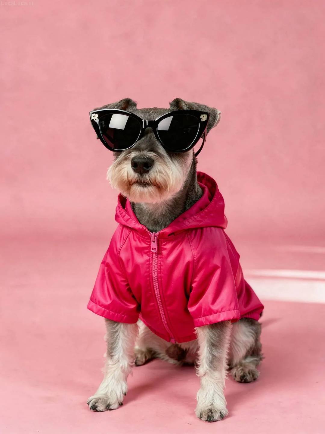 Miniature Schnauzer dog wearing a pink jacket and cat-eye sunglasses on a pink background