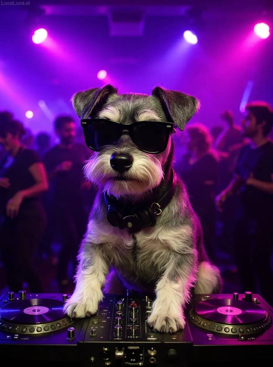 Miniature Schnauzer dog wearing sunglasses with paws on turntables at a nightclub