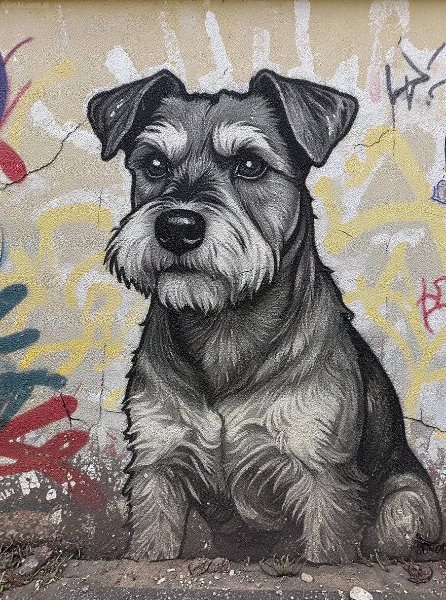 Miniature Schnauzer dog as a monochrome street art mural on a weathered urban wall