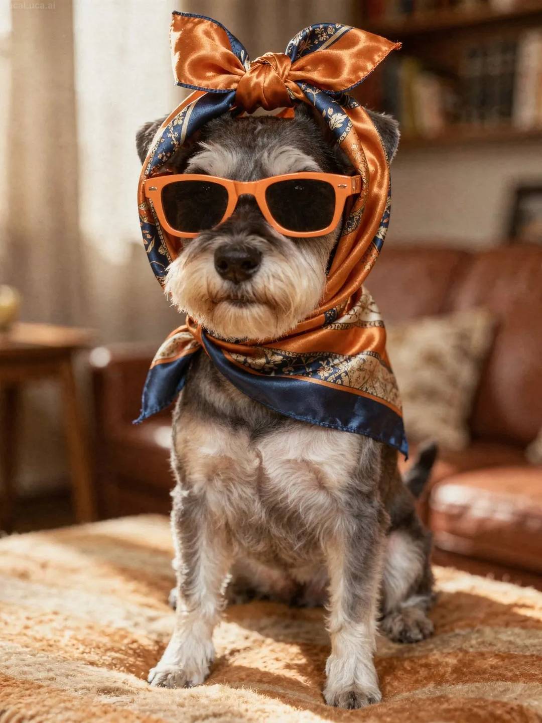 Miniature Schnauzer dog wearing orange sunglasses and a silky patterned headscarf