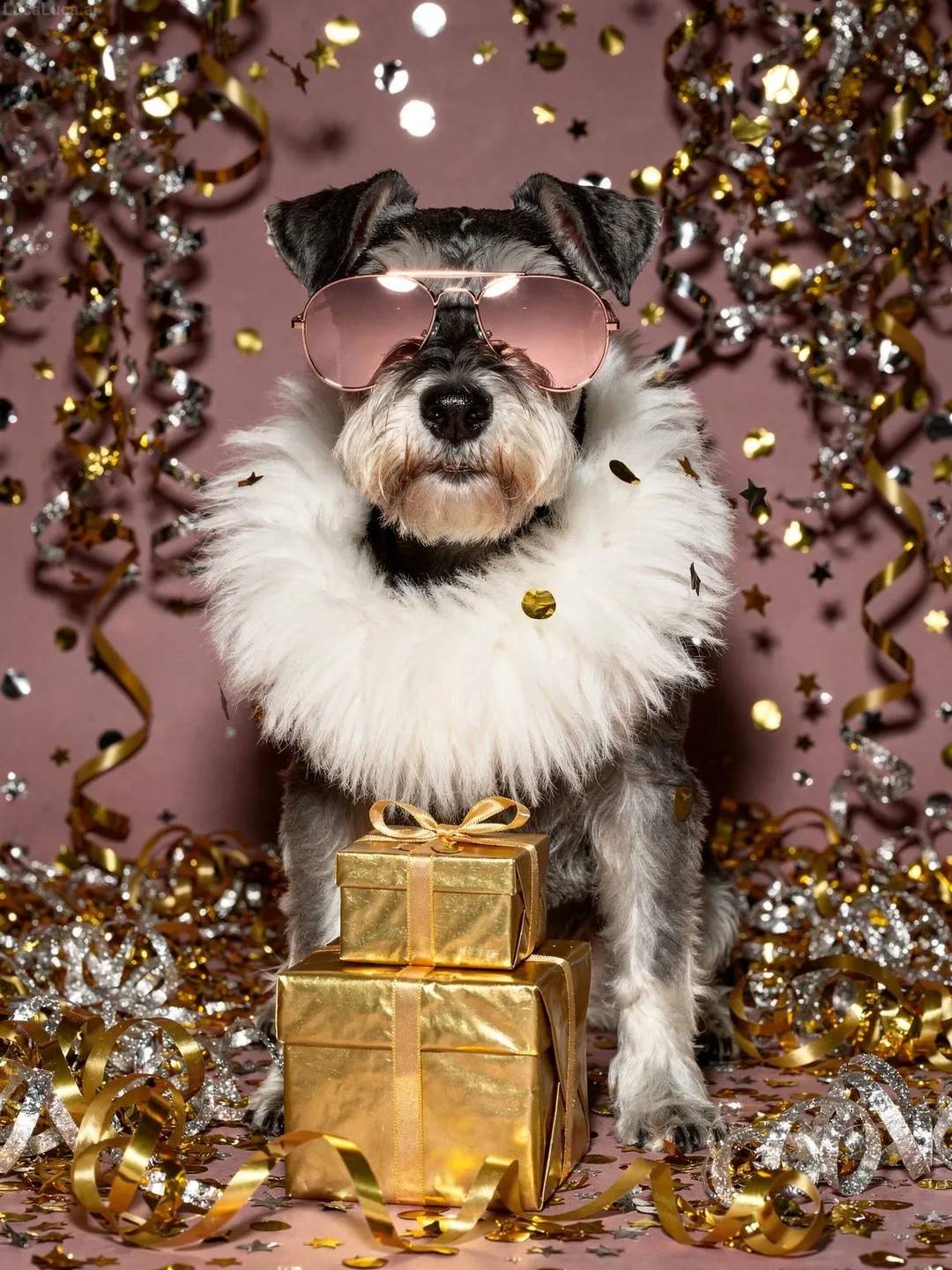 Miniature Schnauzer dog wearing rose gold sunglasses with gold confetti and gift boxes