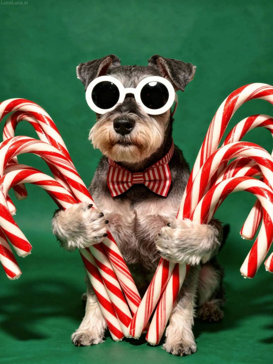 Miniature Schnauzer dog wearing white sunglasses and striped bow tie holding candy canes