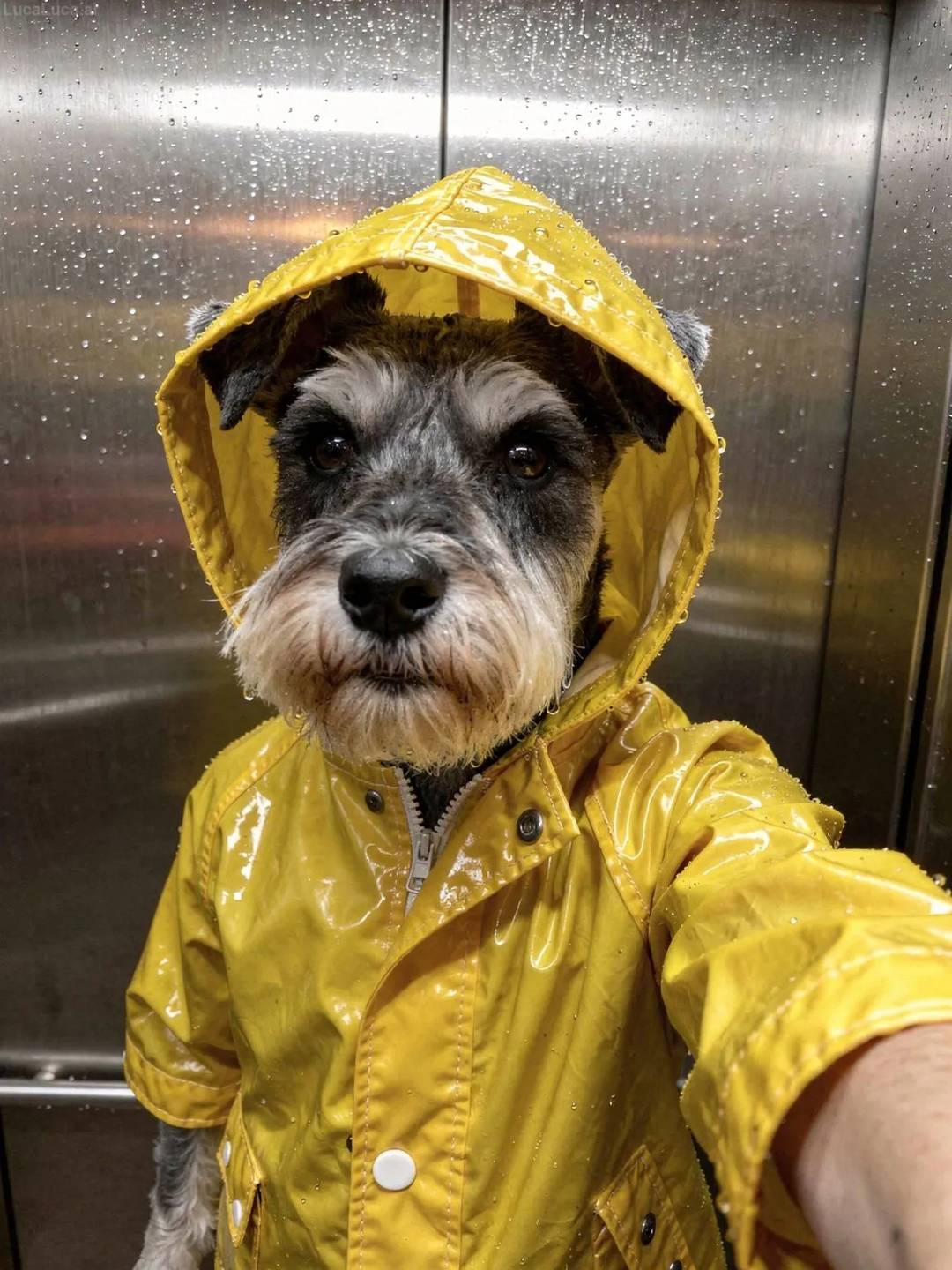 Miniature Schnauzer dog wearing a yellow raincoat with the hood up