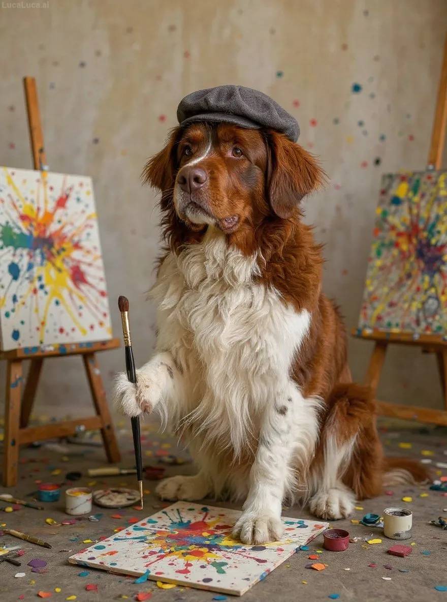 Newfoundland dog wearing a beret holding a paintbrush in a paint-splattered studio