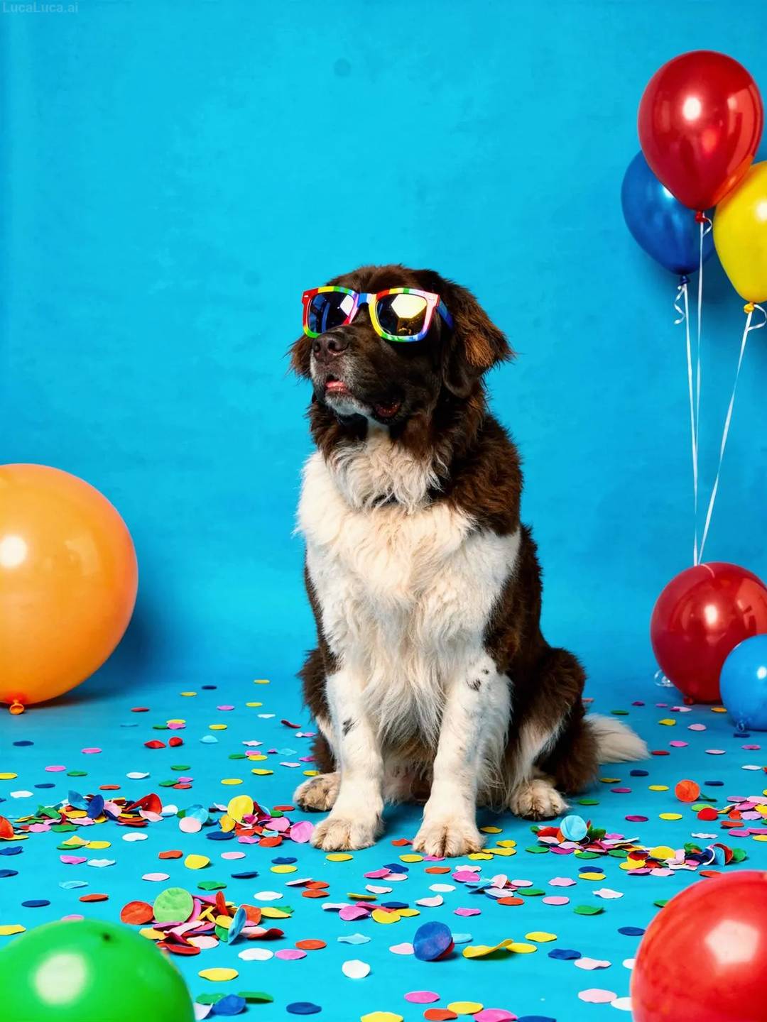 Newfoundland dog wearing colorful sunglasses with confetti on a blue background