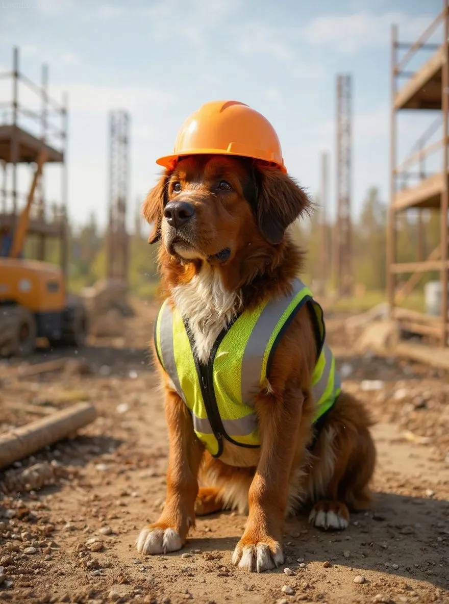 Newfoundland dog wearing a hard hat and safety vest at a construction site