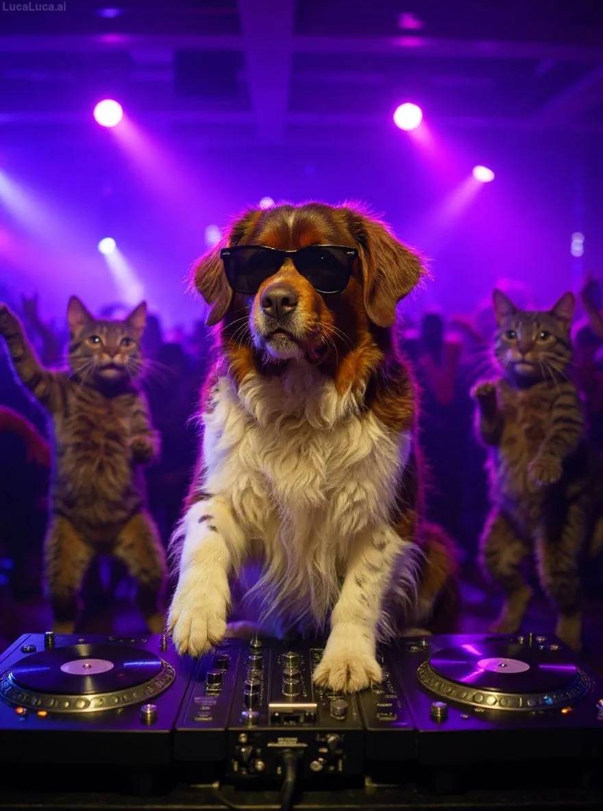 Newfoundland dog wearing sunglasses with paws on turntables at a nightclub