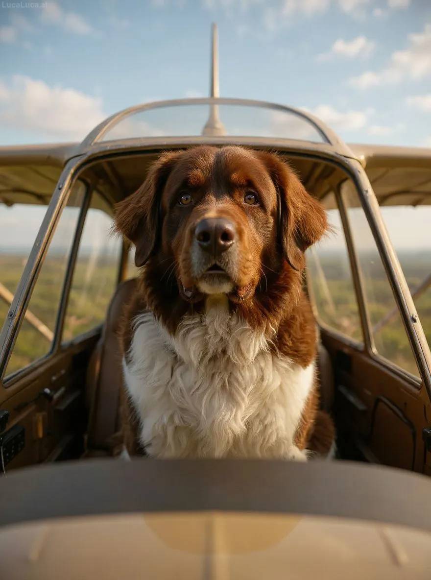 Newfoundland dog in an airplane cockpit wearing aviator goggles
