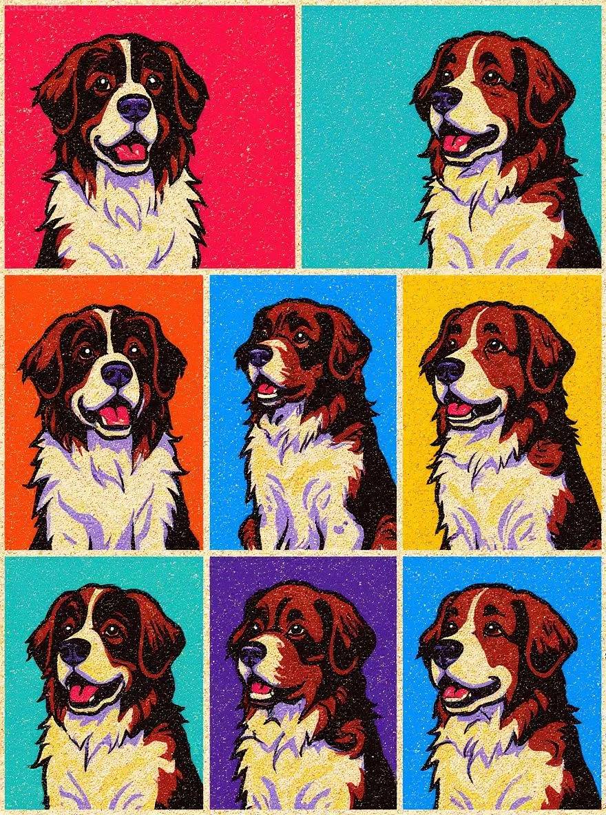 Newfoundland dog portrait in pop art style repeated in a colorful grid