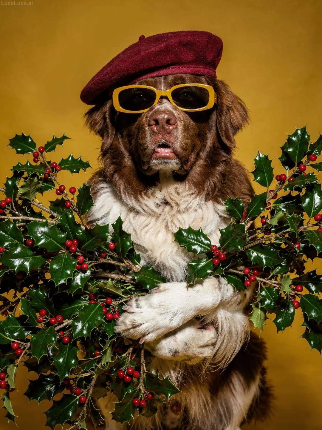Newfoundland dog wearing yellow sunglasses and a cranberry beret holding holly branches