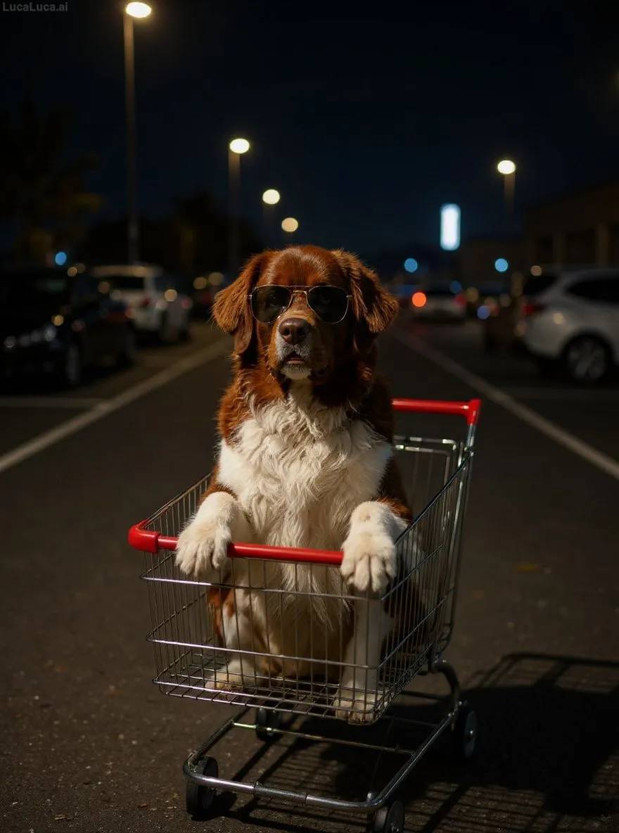 Newfoundland dog wearing sunglasses riding in a shopping cart at night