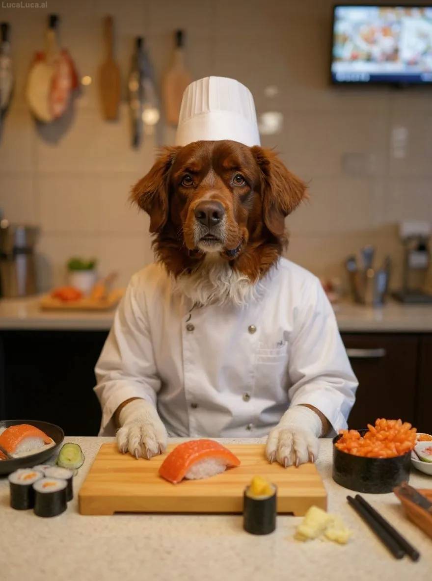 Newfoundland dog in traditional sushi chef costume behind a sushi counter