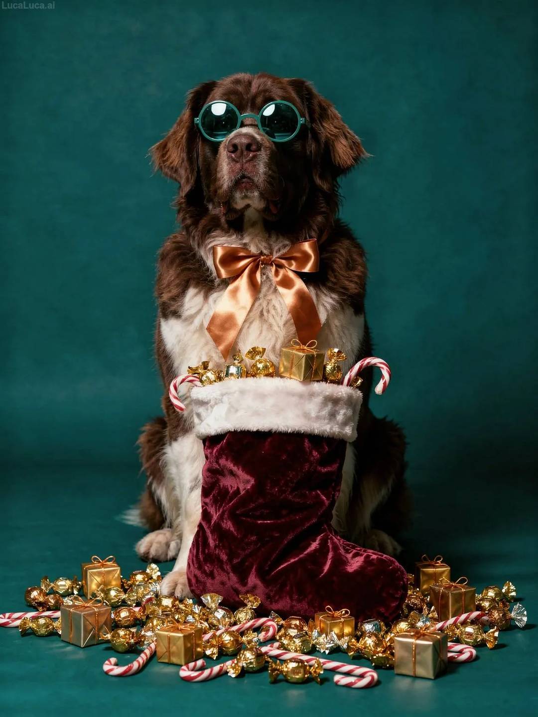 Newfoundland dog wearing teal sunglasses holding a Christmas stocking with candies